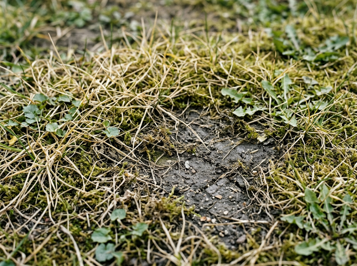 Detailn&iacute; pohled na po&scaron;kozen&yacute; tr&aacute;vn&iacute;k s mechem, plevelem a hol&yacute;mi m&iacute;sty v půdě.