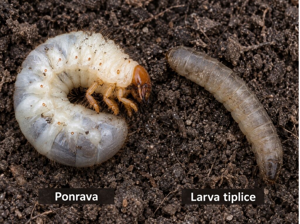Porovnání ponravy a larvy tiplice v půdě – ponrava je stočená do tvaru C, larva tiplice je protáhlá a bez nohou.